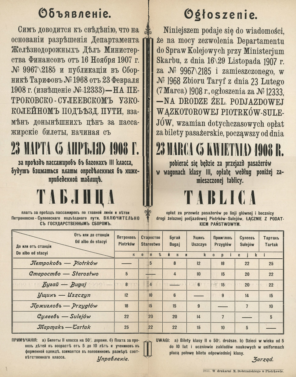 Ogłoszenie o wysokości opłat obowiązujących na kolejce sulejowskiej, 1908 r.