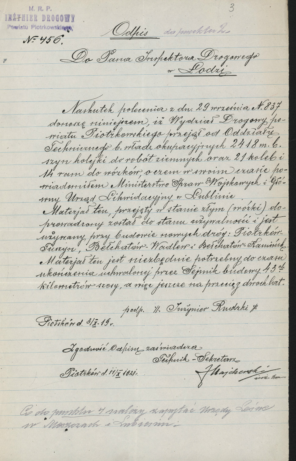 Pismo w sprawie wąskotorowej kolejki do robót ziemnych w powiecie piotrkowskim, 1919 r.