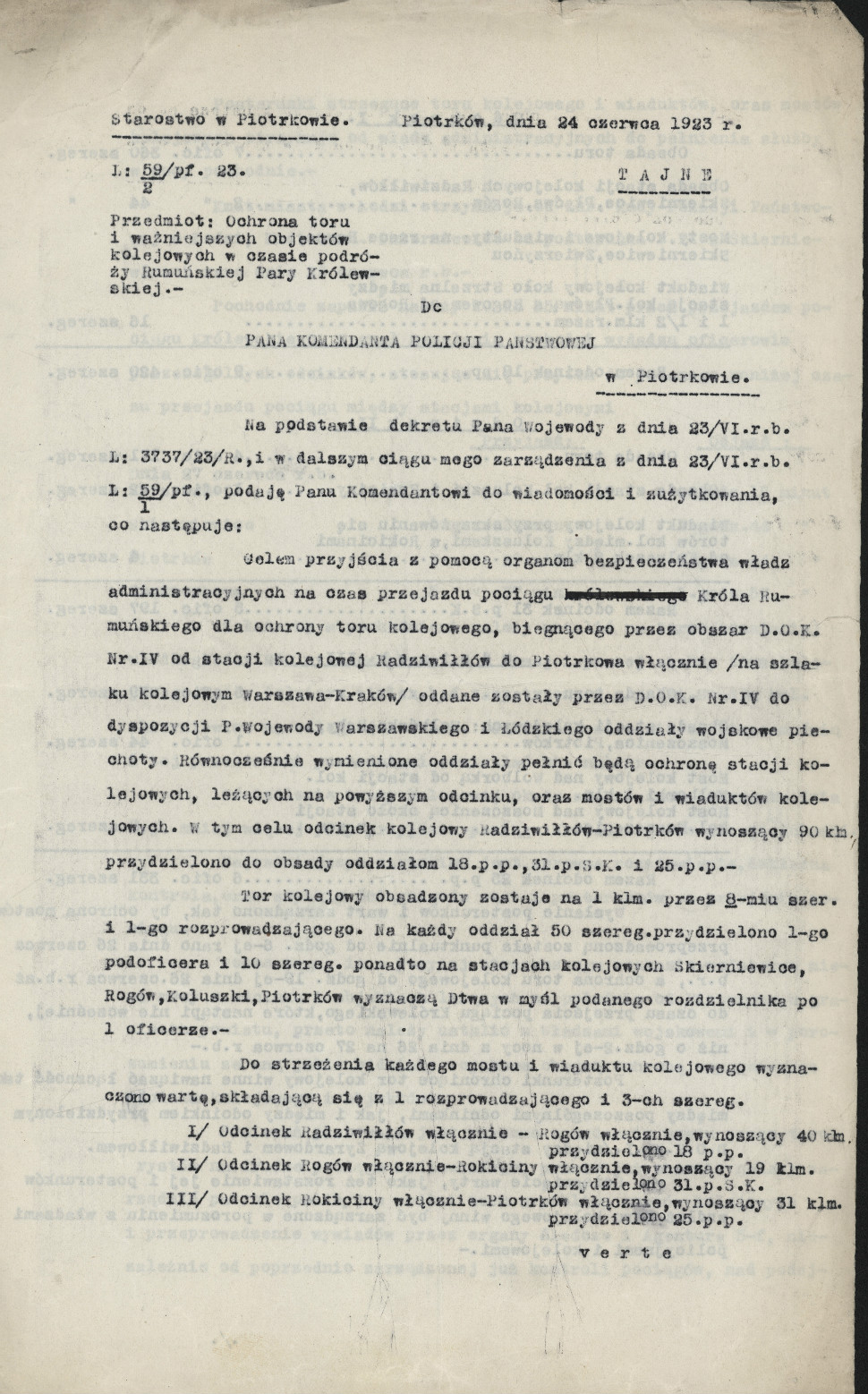 Pismo w sprawie przejazdu przez Piotrków pociągu monarchy rumuńskiego, 1923 r.