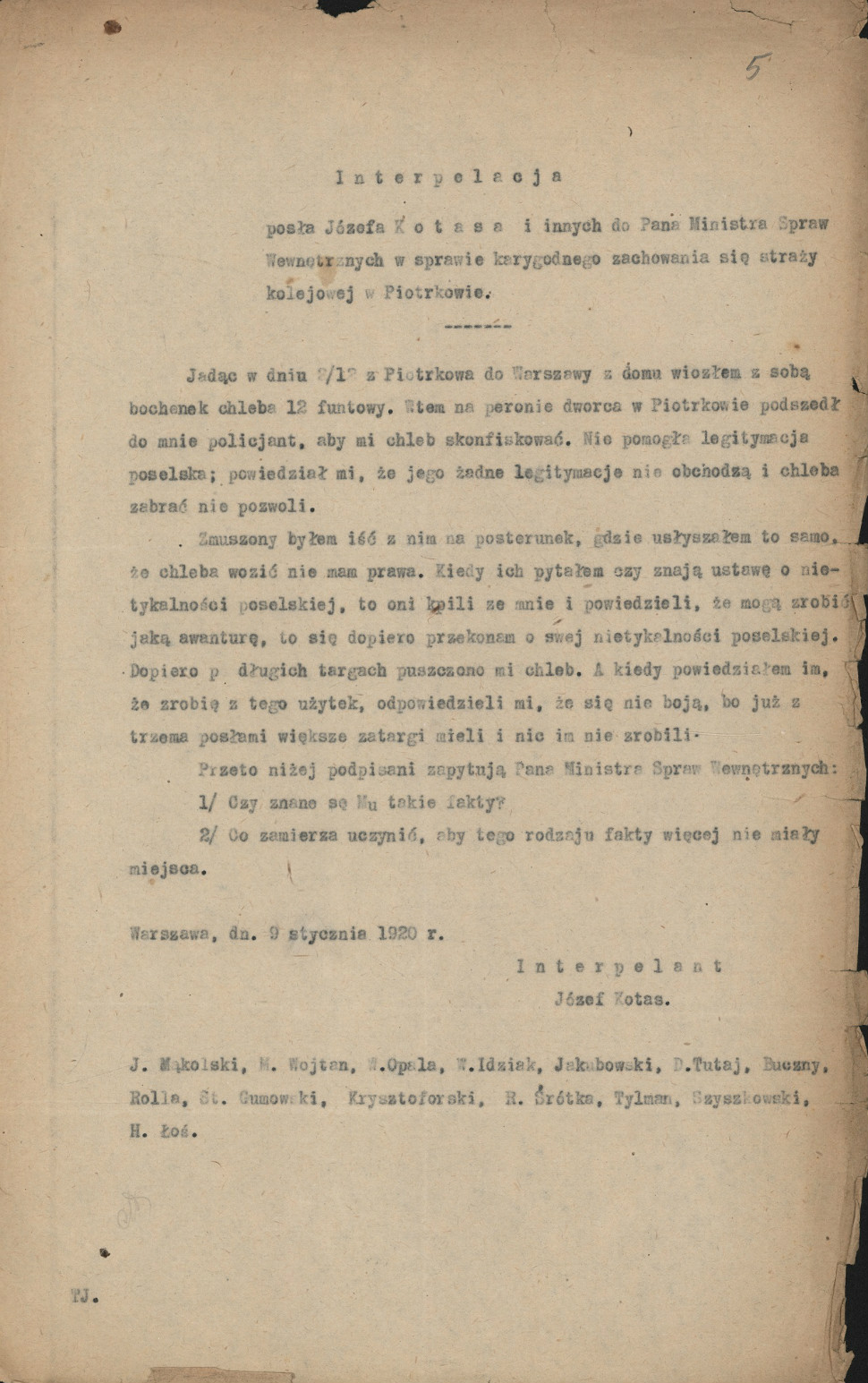 Interpelacja poselska w sprawie funkcjonowania piotrkowskiej straży kolejowej, 1920 r.