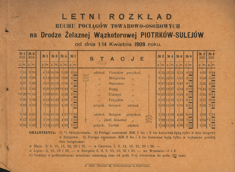 Letni rozkład jazdy kolejki sulejowskiej, 1908 r.