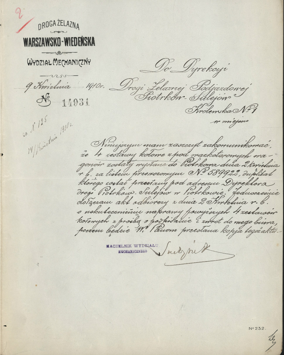 Pismo w sprawie zestawów kołowych dla wagonów kolejki sulejowskiej, 1910 r.