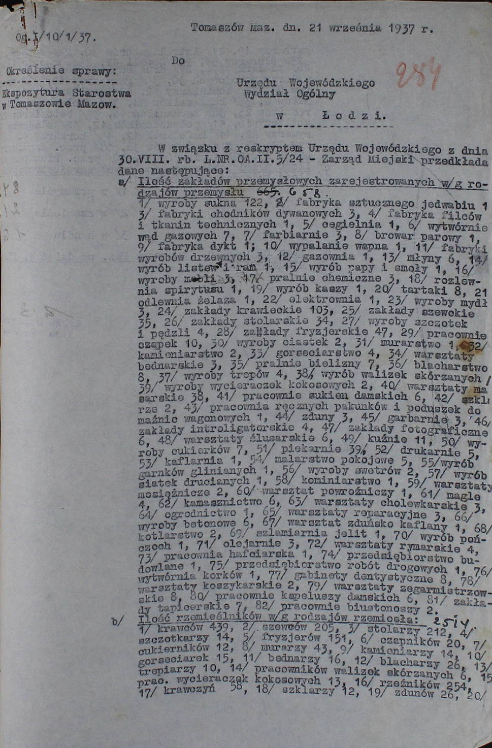 Dane o ilości zakładów przemysłowych z 21.09.1937 r.