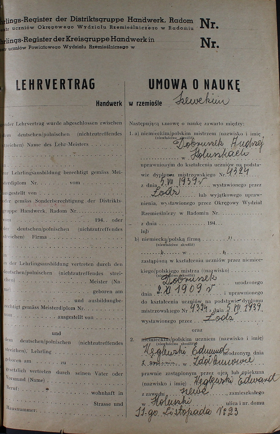 Umowa o naukę w rzemiośle, 1942