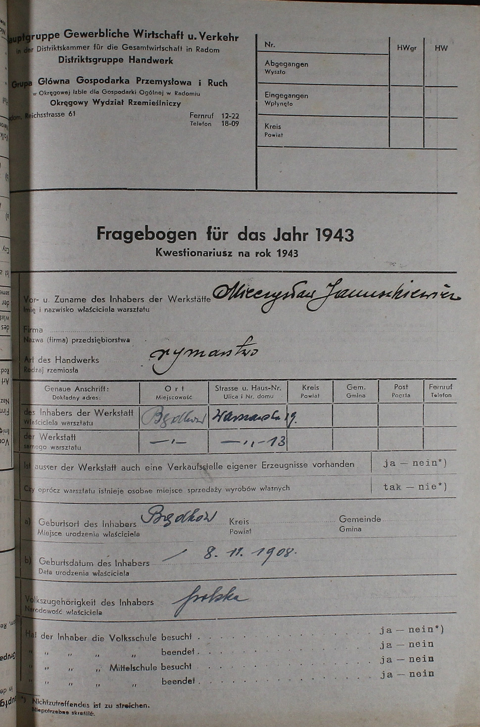 Kwestionariusz właściciela warsztatu rzemieślniczego, 1943