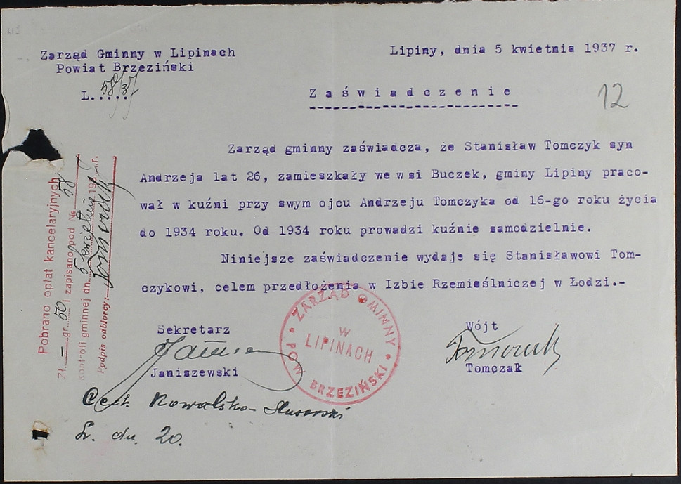 Zaświadczenie cechowe, Cech kowali, 1929-1939